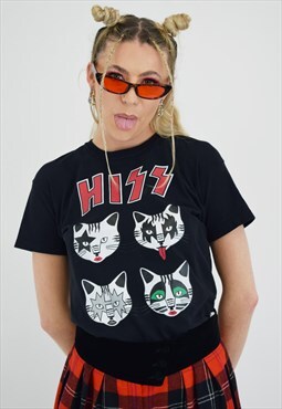 Vintage 2000s T-Shirt in Black Kiss Band Cat Print