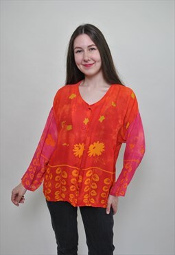 90's cozy orange blouse, vintage cute print button up shirt,