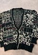 VINTAGE ABSTRACT KNITTED CARDIGAN PATTERNED GRANDAD SWEATER