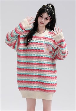 Textured sweater knitted stripe jumper skater top in pink