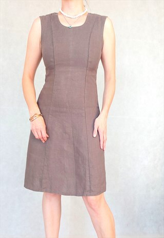 VINTAGE BROWN SLEEVELESS LINEN DRESS, SMALL SIZE, Y2K SUMMER