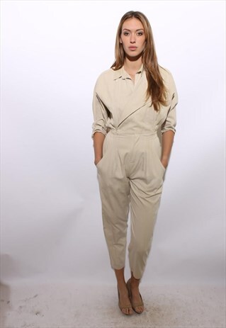VINTAGE 1980'S 80'S KHAKI JUMPSUIT BEIGE COTTON ROMPER S-M