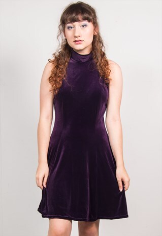 VINTAGE 90'S PURPLE VELVET SLEEVELESS HIGHNECK SKATER DRESS