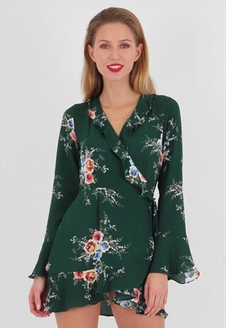 FLORAL PRINT LONG SLEEVE WRAP TEA DRESS IN GREEN