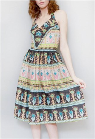 VINTAGE 1970'S PREMIUM TIERED HALTER NECK FLORAL MIDI DRESS