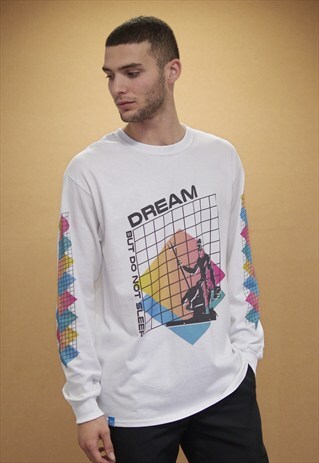 WHITE LONG SLEEVED T-SHIRT WITH ABSTRACT VAPOURWAVE DESIGN