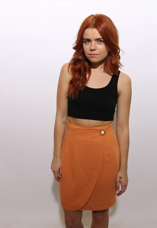 VINTAGE 1980'S 80'S PEACH ORANGE BROOCH MINI WRAP SKIRT XS-S