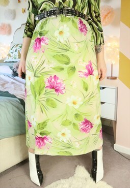 Vintage Y2K Pastel Green Floral Flower Festival Maxi Skirt