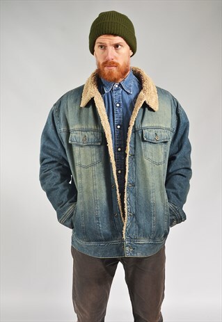 VINTAGE GREY BLUE FADED LINED SHERPA DENIM JACKET