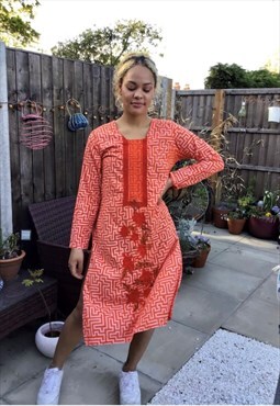 Abstract and floral embroidered tunic orange dress