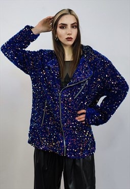 Sequin biker jacket blue glitter bomber sparkle embellished 