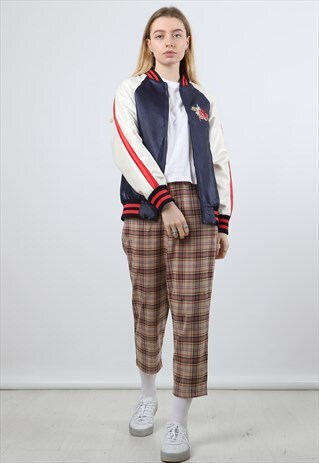 VINTAGE LEDIN SMALL NAVY SATIN VARSITY JACKET