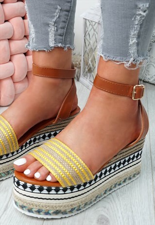 WOMENS TRIBAL ANKLE STRAP ESPADRILLE PLATFORM YELLOW SHOES