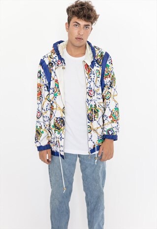 VINTAGE 80S BLUE AND WHITE SHIELDS PRINT BOMBER JACKET