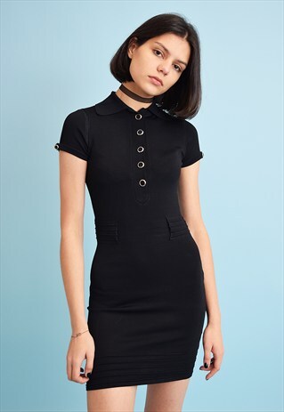 90'S RETRO MINIMALIST KNITTED BLACK MINI DRESS
