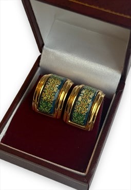 Hermes Earrings gold plated enamel patterned