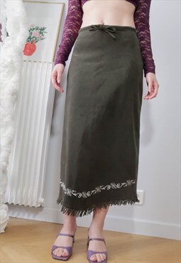Vintage Y2K Khaki Daim Fringe Midi Skirt