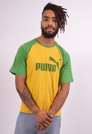 PUMA MENS VINTAGE T-SHIRT TOP LARGE YELLOW 90S