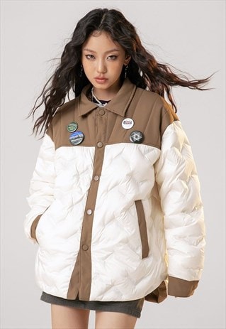 QUILTED BOMBER PADDED SHIRT JACKET BUTTON UP PUFFER IN CREAM