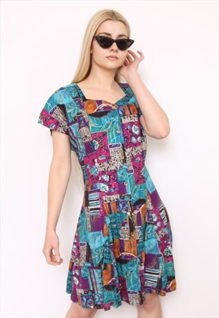 VINTAGE 90S MULTICOLOURED PATCHWORK PRINT DRESS