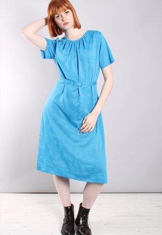 VINTAGE 70S FLORAL TEXTURED BELTED MIDI DRESS