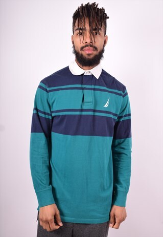 NAUTICA MENS VINTAGE POLO SHIRT LONG SLEEVE MEDIUM GREEN 90'