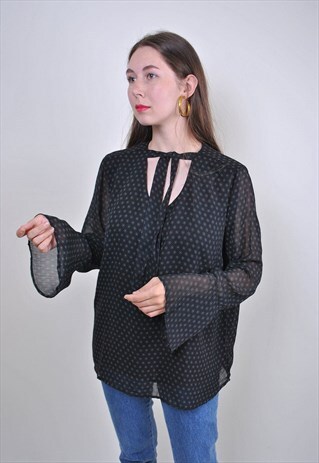 90S POLKA DOT BLACK BLOUSE, EVENING TIE COLLAR SHIRT, SIZE L