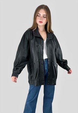 80's Vintage Black Leather Batwing Ladies Jacket Coat