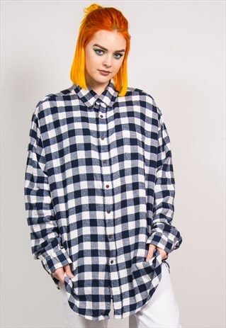 VINTAGE 90'S NAVY BLUE CHECKED OVERSIZED FLANNEL SHIRT