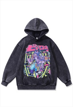 Anime hoodie vintage wash pullover Japanese cartoon jumper