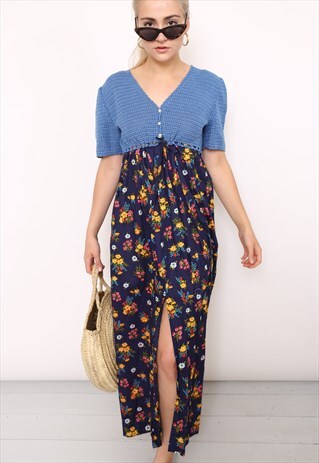 VINTAGE 70S BLUE FLORAL CROCHET MAXI DRESS