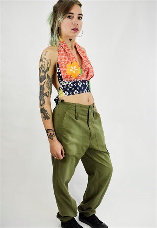 VINTAGE 90S HALTERNECK TIE BACK TOP IN CRAZY PRINT FABRIC