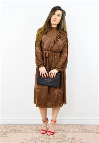 VINTAGE 70S BROWN FLORAL BOHO FRILLED MIDI DRESS