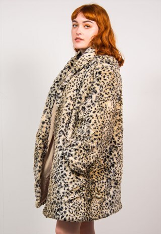 VINTAGE 90'S LEOPARD PRINT FAUX FUR OVERSIZED COAT
