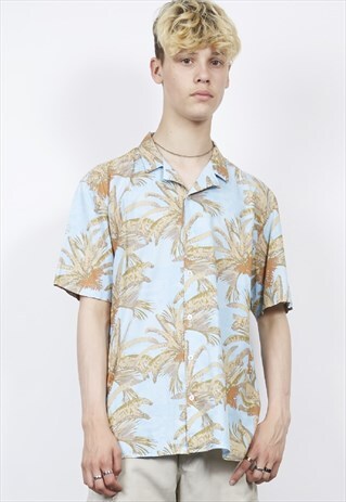 VINTAGE 90'S HAWAIIAN BLUE PALM LEAF PRINT SHIRT