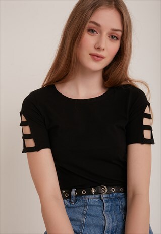 T-SHIRT WITH CUT OUT SLEEVE - BLACK