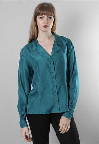 VINTAGE 80S TURQUOISE SILK V NECK BLOUSE SHIRT TOP