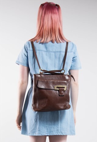 VINTAGE BROWN LEATHER SQUARE RUCKSACK BACKPACK