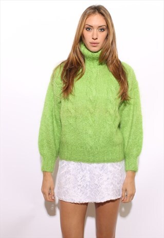 VINTAGE 1980'S 80'S FUZZY LIME GREEN NEON JUMPER SWEATER S-M