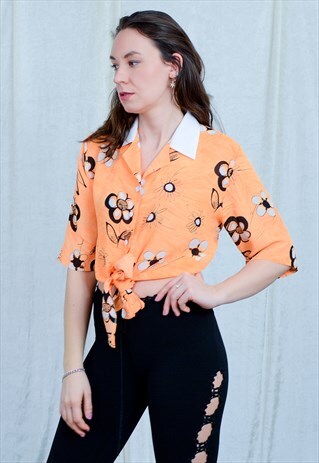 SUMMER SHIRT VINTAGE 90S TIED TOP SHORT SLEE PRINTED FLORAL
