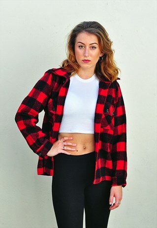 VINTAGE 80S RED CHECK COAT LUMBERJACK WOOLLEN JACKET