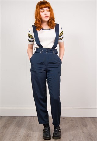 VINTAGE 90'S NAVY BLUE HIGH WAIST ATTACHED BRACE TROUSERS