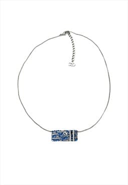 Christian Dior Necklace Authentic Silver Blue Oblique Logo 