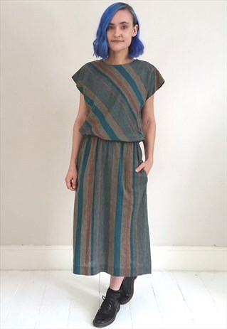 VINTAGE 80'S TURQUOISE STRIPED SLOUCHY DRESS WITH POCKETS