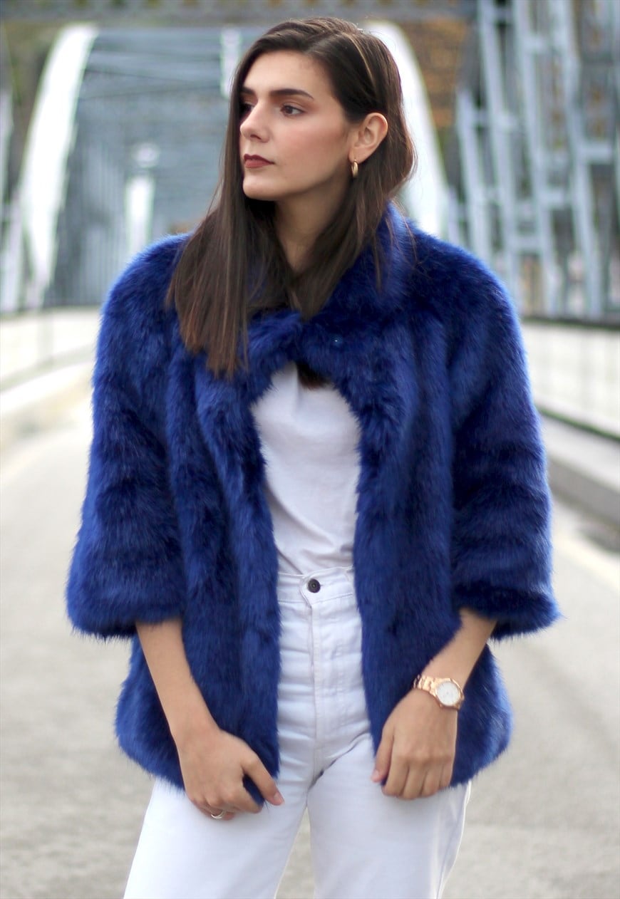 Royal blue shop faux fur coat