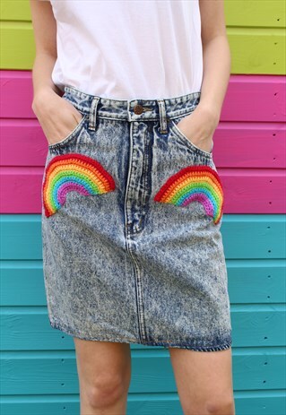 VINTAGE REWORKED ACID WASH FESTIVAL RAINBOW DENIM SKIRT