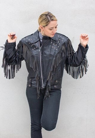 VINTAGE 80S BLACK LEATHER BIKER FRINGED WESTERN JACKET