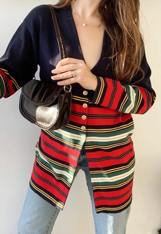 VINTAGE 80S LUXE STRIPED CHRISTMAS KNIT JUMPER CARDIGAN