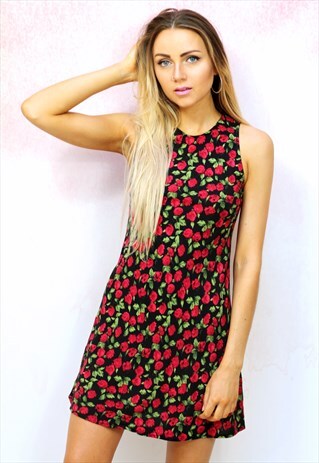 1990S VINTAGE BLACK SHIFT DRESS WITH RED ROSE FLORAL PRINT