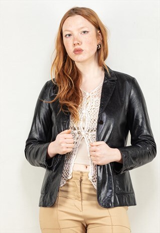 Vintage 80's Women Leather Blazer Jacket in Black